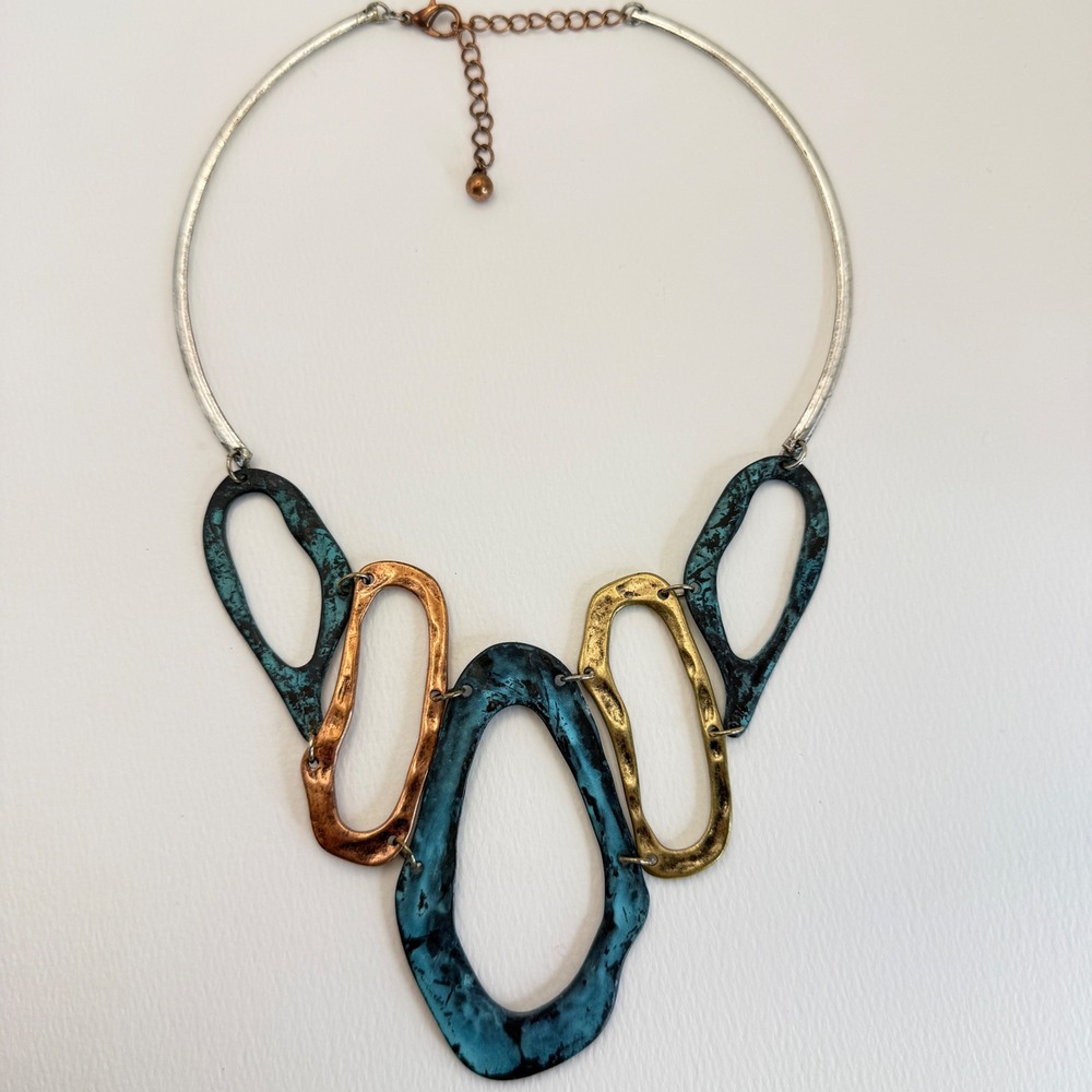Mixed Metal Statement Bib Necklace Patina Hammered Organic Link Collar